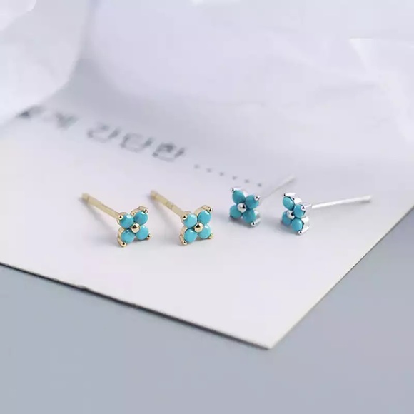 COPY - 1 pair 925 Sterling Turquoise Teal Gold Studs Hoops Hinges Pin Earrings - Picture 6 of 16